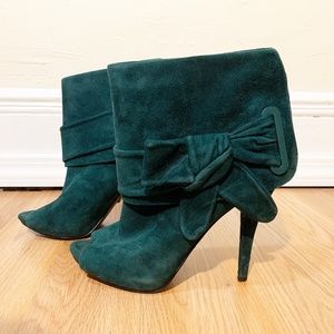 Forrest Green Suede Peeptoe Ankle Booties with Bow